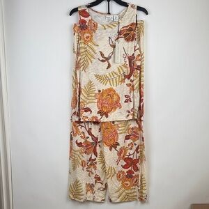 Rachel Zoe Linen Floral Leaf 2 Piece Set Tank Wide Leg Pants Rope Belt Large NWT